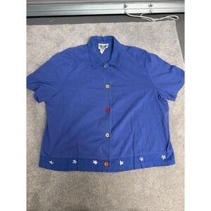 Coconut Bay Shirt Womens 1X Blue Short Sleeve Button Front Star Embroidered USA